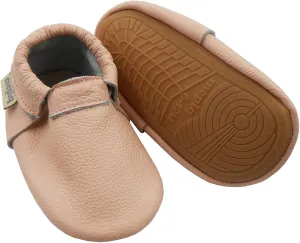 Infant Baby Moccasins with Rubber Sole - Soft Leather Anti Slip Crib Walking Baby Shoes Brown