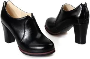 Inornever Women's Oxfords Pumps Shoes Slip on Wingtip Fashion Vintage Pu Chunky High Heel Ankle Brogue Bootie