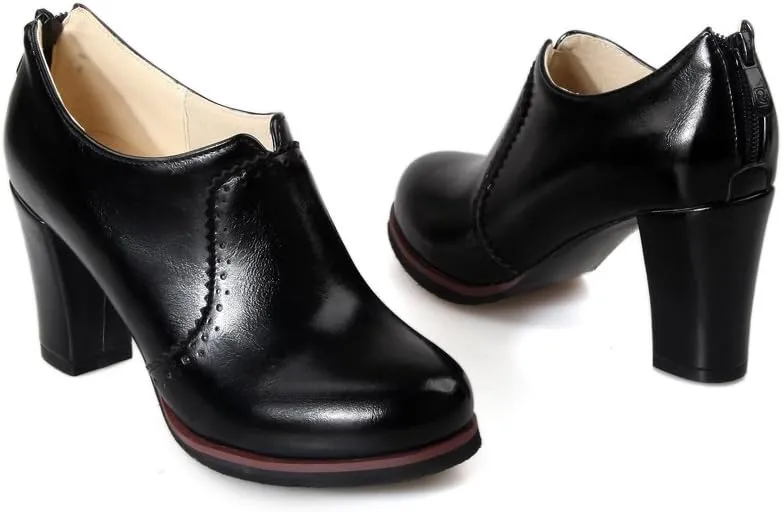Inornever Women's Oxfords Pumps Shoes Slip on Wingtip Fashion Vintage Pu Chunky High Heel Ankle Brogue Bootie