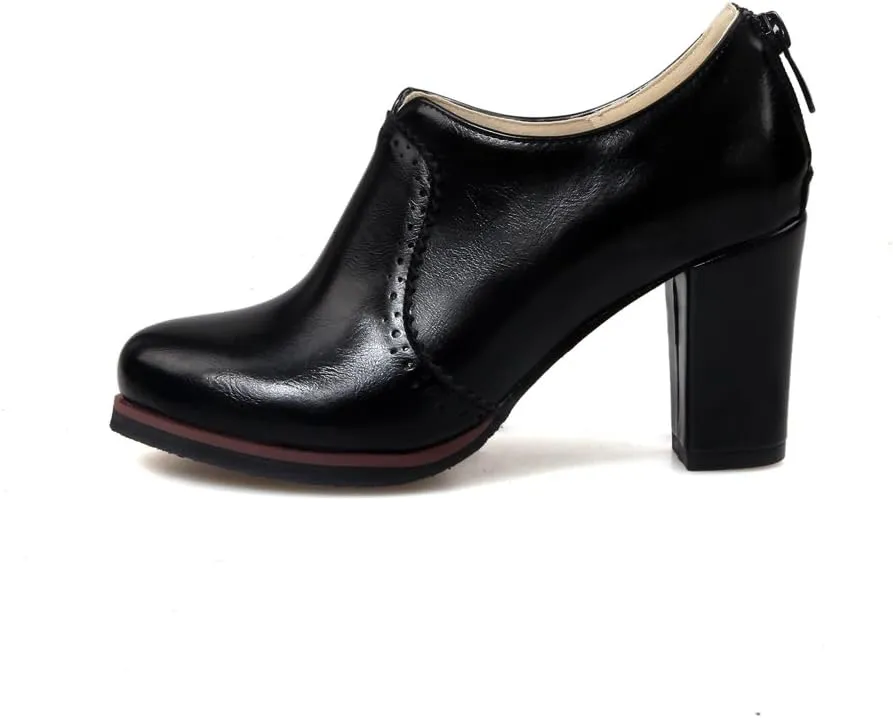 Inornever Women's Oxfords Pumps Shoes Slip on Wingtip Fashion Vintage Pu Chunky High Heel Ankle Brogue Bootie