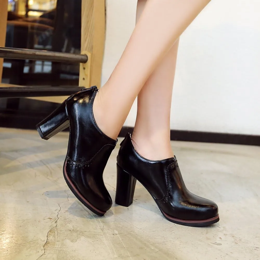 Inornever Women's Oxfords Pumps Shoes Slip on Wingtip Fashion Vintage Pu Chunky High Heel Ankle Brogue Bootie