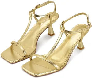 ISNOM Strappy Heels for Women T-strap Heeled Sandals Open Square Toe Kitten Heels Ankle Strap Sandals for Date Party Prom