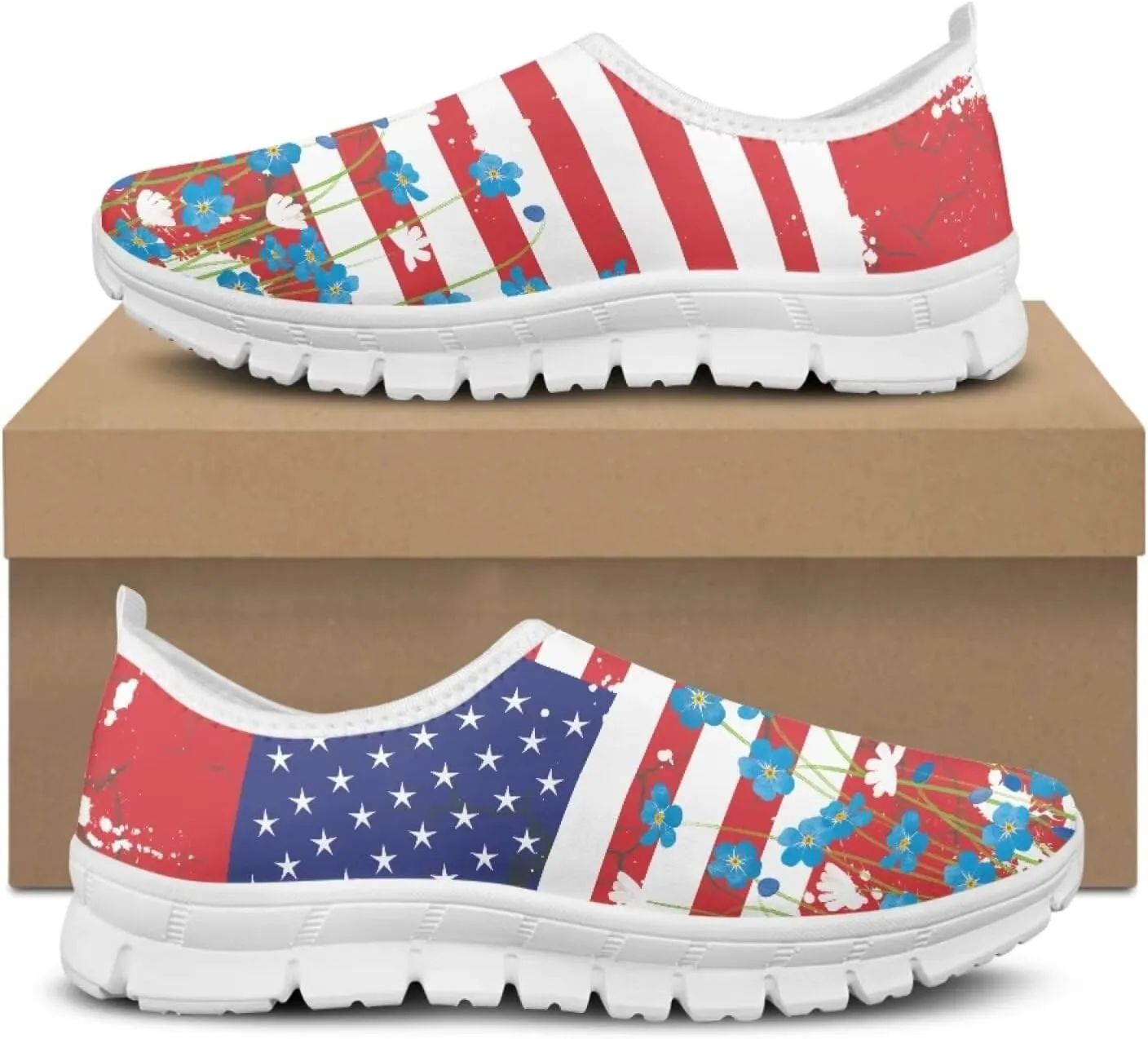 Jeiento USA Flag Shoes for Women, Comfort Fashion Slip On Sneakers Casual Walking Shoes