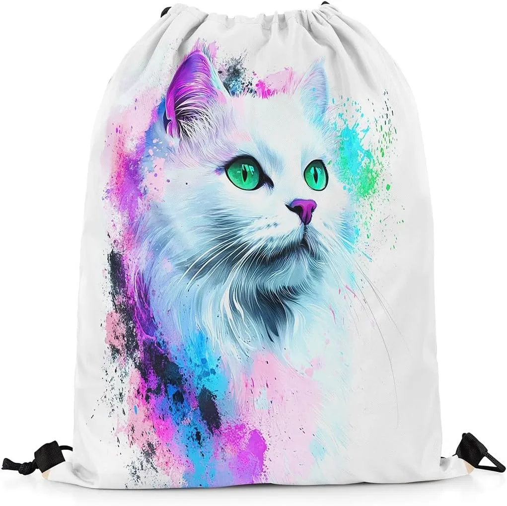 jejeloiu Cat Drawstring Backpack 13"x15.7" Cats Print Tie Dye Sports Gym String Bag Cute Kitten Watercolor Drawstring Bags Animal Waterproof Cinch Bag Cat Lover's Gift Sports Drawstring Sackpack