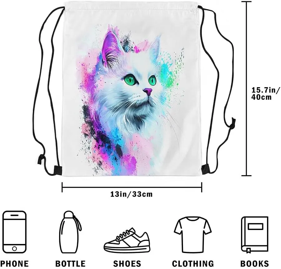 jejeloiu Cat Drawstring Backpack 13"x15.7" Cats Print Tie Dye Sports Gym String Bag Cute Kitten Watercolor Drawstring Bags Animal Waterproof Cinch Bag Cat Lover's Gift Sports Drawstring Sackpack
