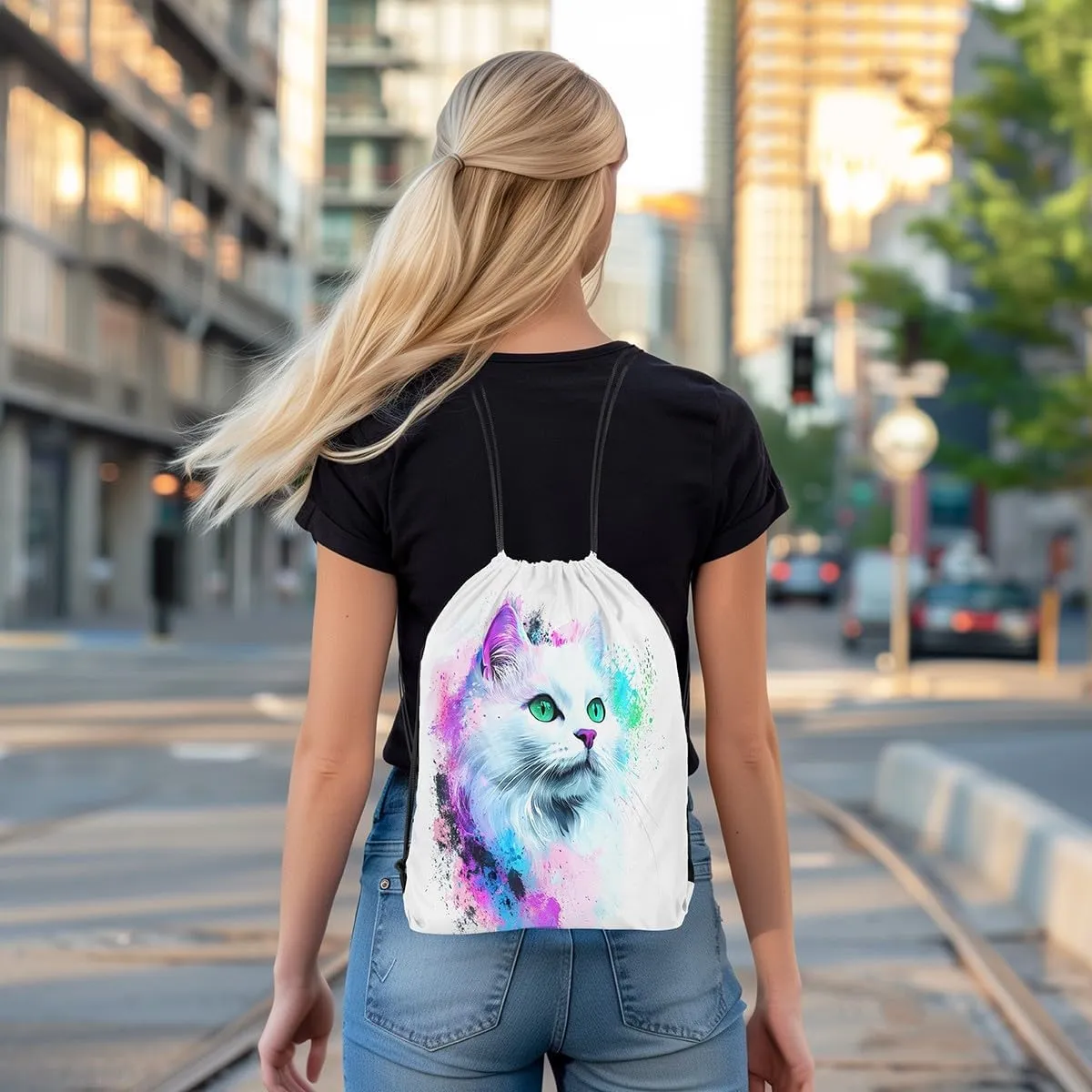 jejeloiu Cat Drawstring Backpack 13"x15.7" Cats Print Tie Dye Sports Gym String Bag Cute Kitten Watercolor Drawstring Bags Animal Waterproof Cinch Bag Cat Lover's Gift Sports Drawstring Sackpack