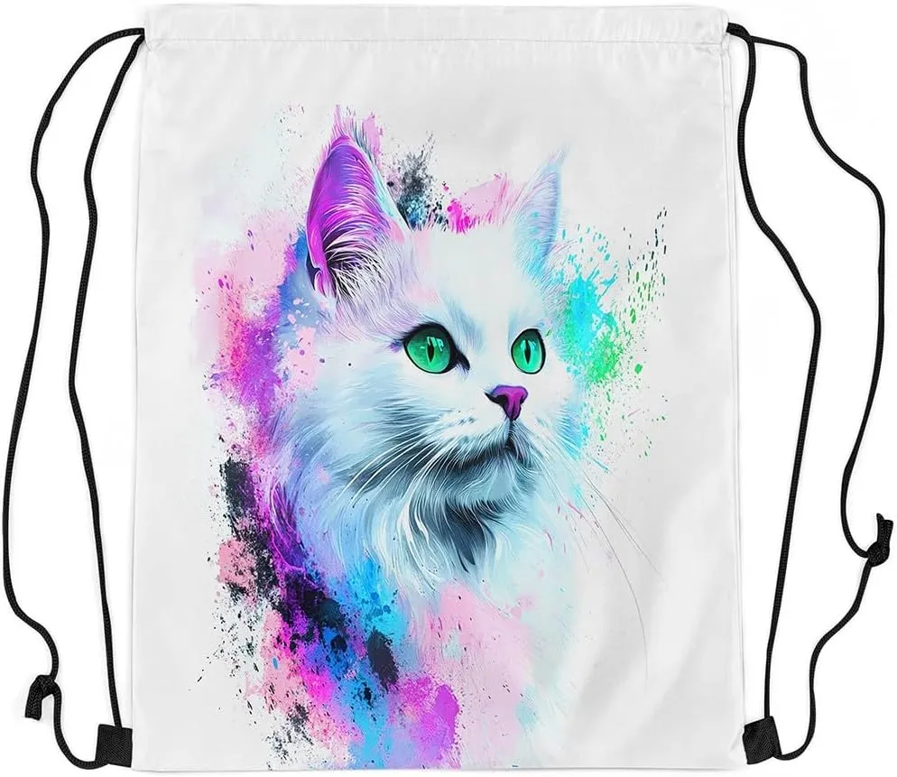 jejeloiu Cat Drawstring Backpack 13"x15.7" Cats Print Tie Dye Sports Gym String Bag Cute Kitten Watercolor Drawstring Bags Animal Waterproof Cinch Bag Cat Lover's Gift Sports Drawstring Sackpack