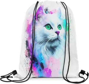 jejeloiu Cat Drawstring Backpack 13"x15.7" Cats Print Tie Dye Sports Gym String Bag Cute Kitten Watercolor Drawstring Bags Animal Waterproof Cinch Bag Cat Lover's Gift Sports Drawstring Sackpack