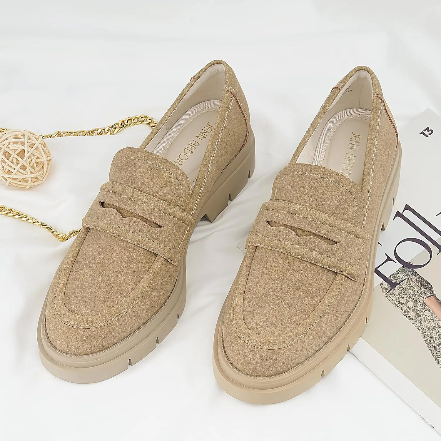 JENN ARDOR Women's Chunky Loafers Slip On Lug Sole Penny Loafer Comfort Casual Round Toe Mid Heels Platform Work Shoes