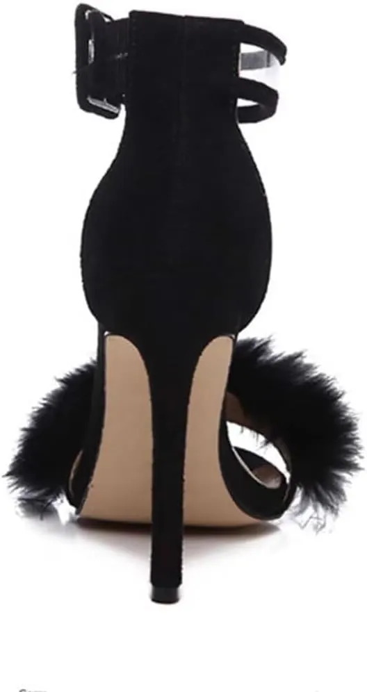 JOEupin Women's Ankle Strap Fluffy Feather Ankle Strap Stiletto Heels Sandals Open Toe Party Shoes