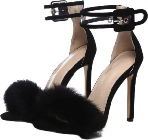 JOEupin Women's Ankle Strap Fluffy Feather Ankle Strap Stiletto Heels Sandals Open Toe Party Shoes