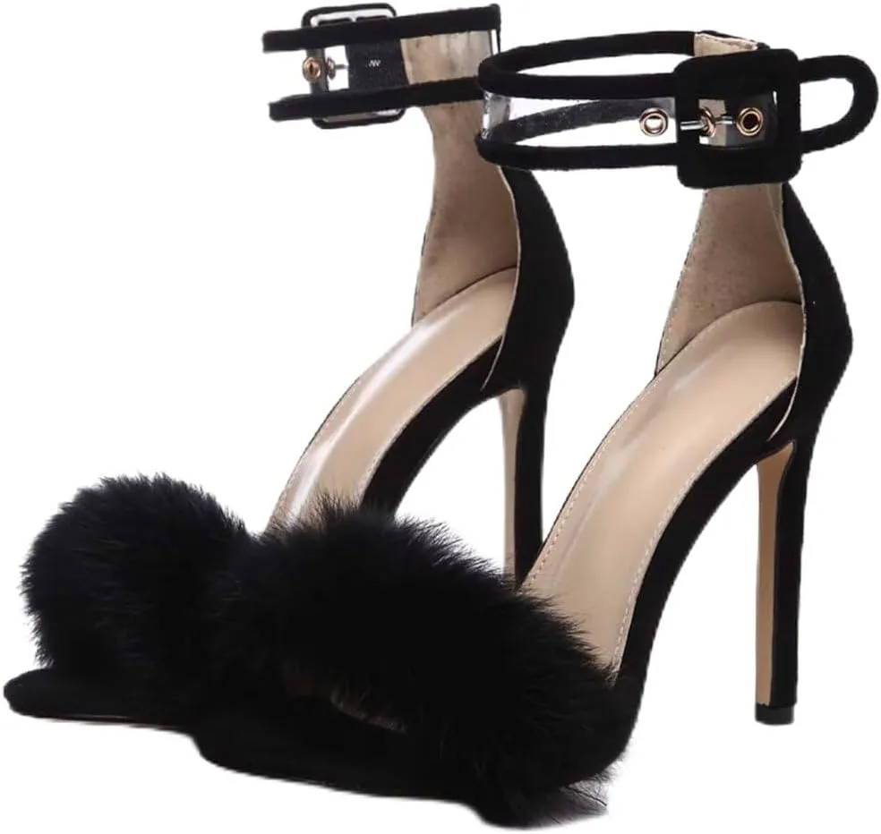 JOEupin Women's Ankle Strap Fluffy Feather Ankle Strap Stiletto Heels Sandals Open Toe Party Shoes