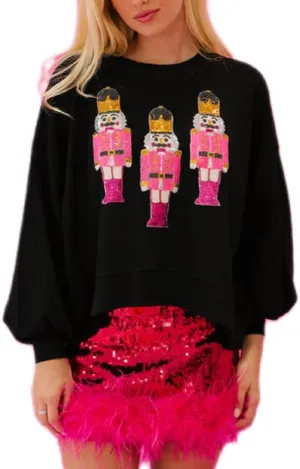 Juakoso Sequin Christmas Sweatshirts for Women Santa Nutcracker Oversized Sweater Shirts Long Sleeve Pullover Hoodies