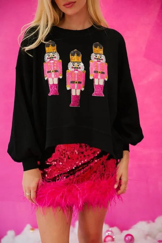 Juakoso Sequin Christmas Sweatshirts for Women Santa Nutcracker Oversized Sweater Shirts Long Sleeve Pullover Hoodies