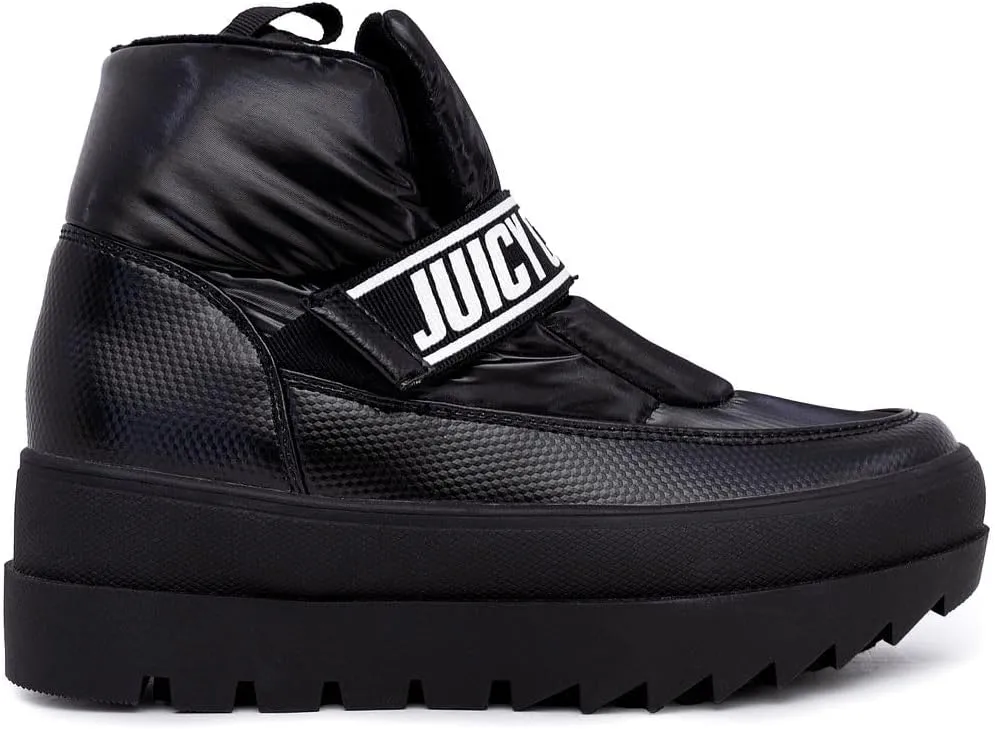 JUICY COUTURE Women's Quilted Slip-On Winter Boots – Waterproof, Warm Mid-Calf Snow Booties with Logo Strap-Kissie