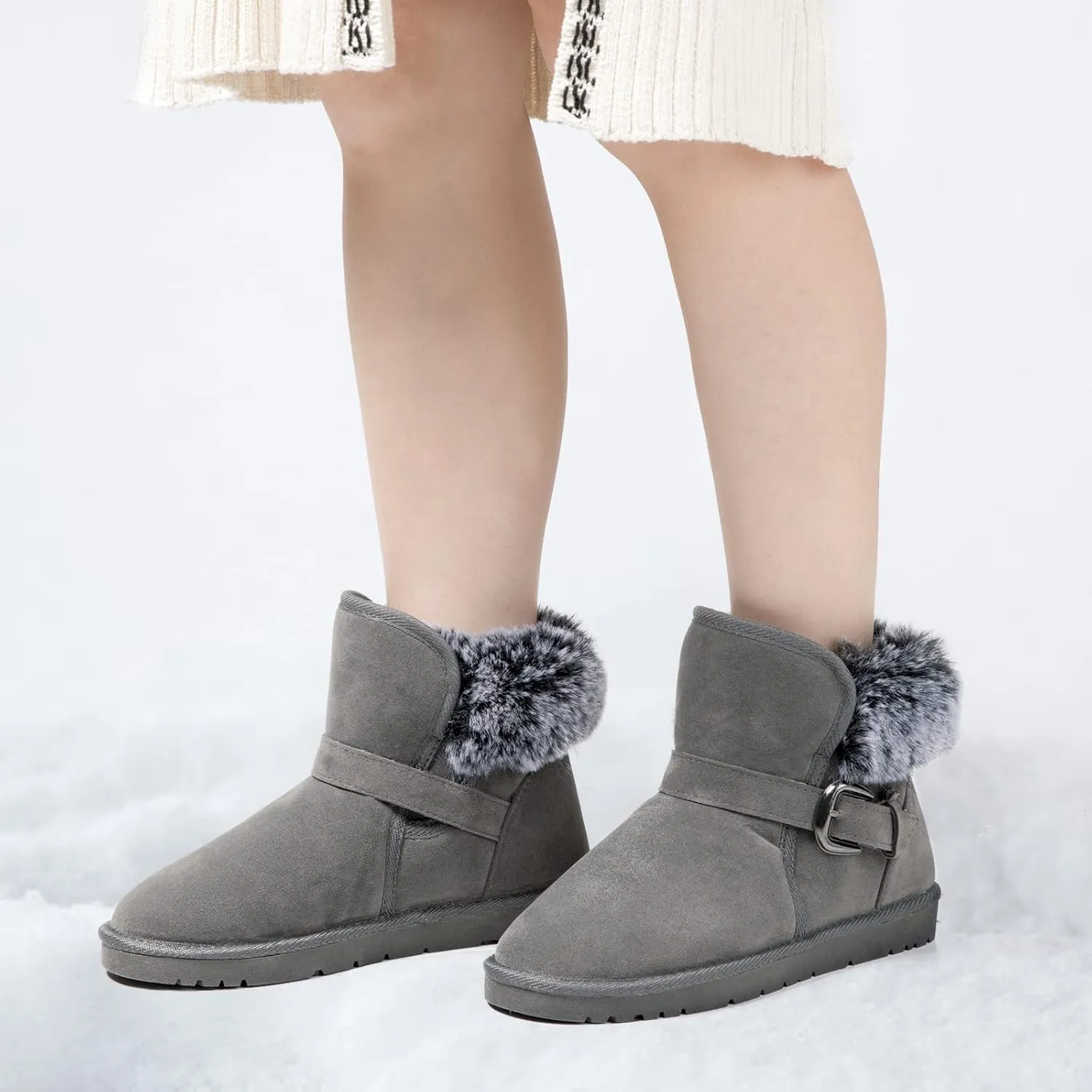 K KomForme Women's Snow Winter Boots Warm Fur Classic Ankle Booties with Buckle Indoor Outdoor