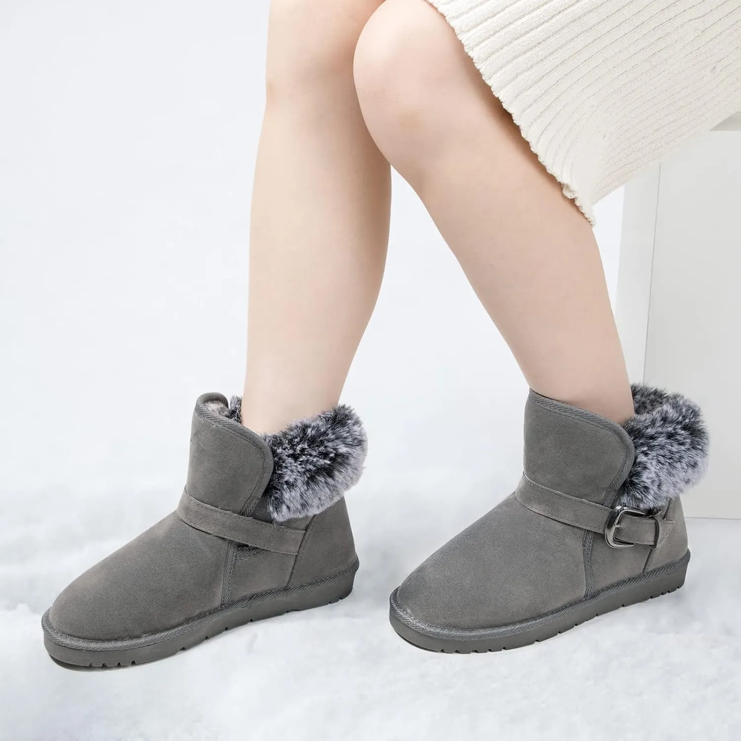 K KomForme Women's Snow Winter Boots Warm Fur Classic Ankle Booties with Buckle Indoor Outdoor
