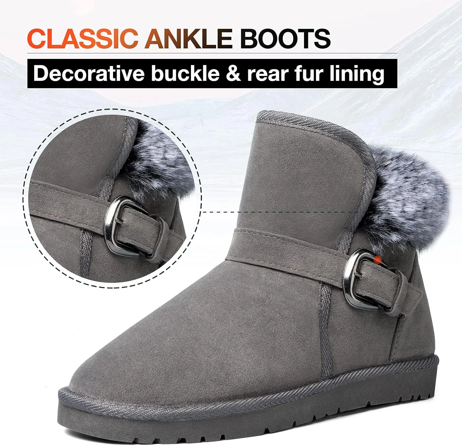 K KomForme Women's Snow Winter Boots Warm Fur Classic Ankle Booties with Buckle Indoor Outdoor