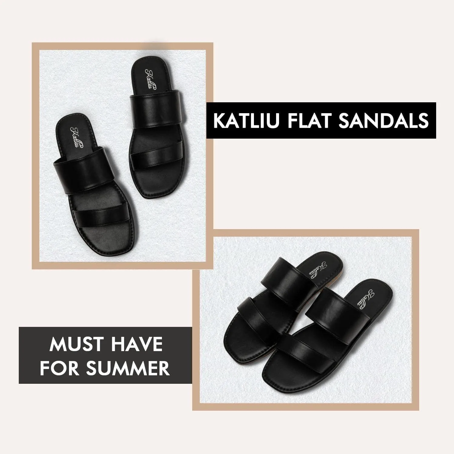 katliu Women's Flat Sandals Two Strap Slide Sandals Open Toe