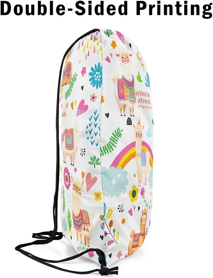 Kawaii Alpaca Drawstring Backpack 13x15.7, Cute Rainbow Alpaca Soft String Bag, Cartoon Flower Animal Sackpack For Sport Gym Traveling, Floral Jungle Animal Cinch Bags