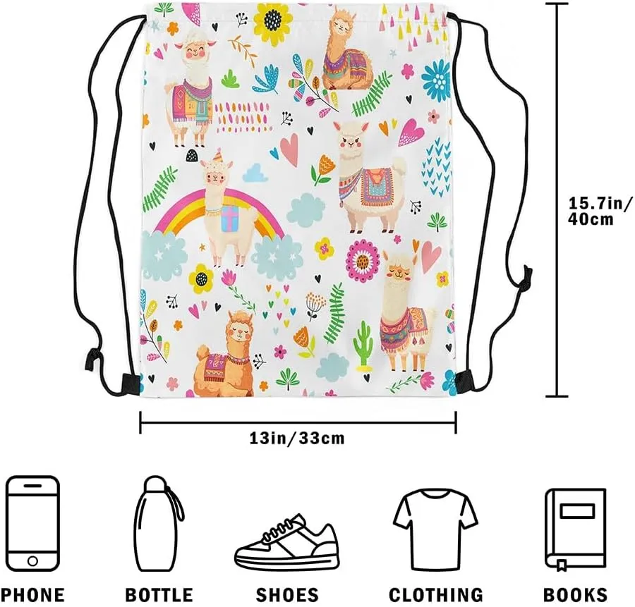 Kawaii Alpaca Drawstring Backpack 13x15.7, Cute Rainbow Alpaca Soft String Bag, Cartoon Flower Animal Sackpack For Sport Gym Traveling, Floral Jungle Animal Cinch Bags