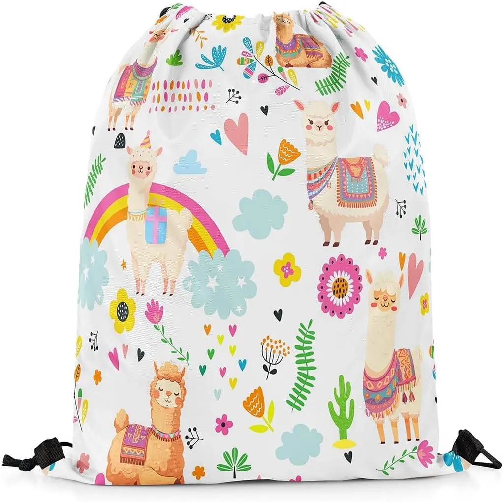Kawaii Alpaca Drawstring Backpack 13x15.7, Cute Rainbow Alpaca Soft String Bag, Cartoon Flower Animal Sackpack For Sport Gym Traveling, Floral Jungle Animal Cinch Bags
