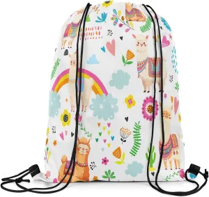 Kawaii Alpaca Drawstring Backpack 13x15.7, Cute Rainbow Alpaca Soft String Bag, Cartoon Flower Animal Sackpack For Sport Gym Traveling, Floral Jungle Animal Cinch Bags