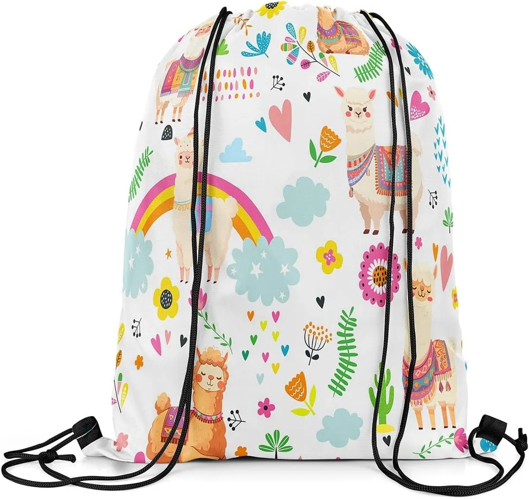 Kawaii Alpaca Drawstring Backpack 13x15.7, Cute Rainbow Alpaca Soft String Bag, Cartoon Flower Animal Sackpack For Sport Gym Traveling, Floral Jungle Animal Cinch Bags