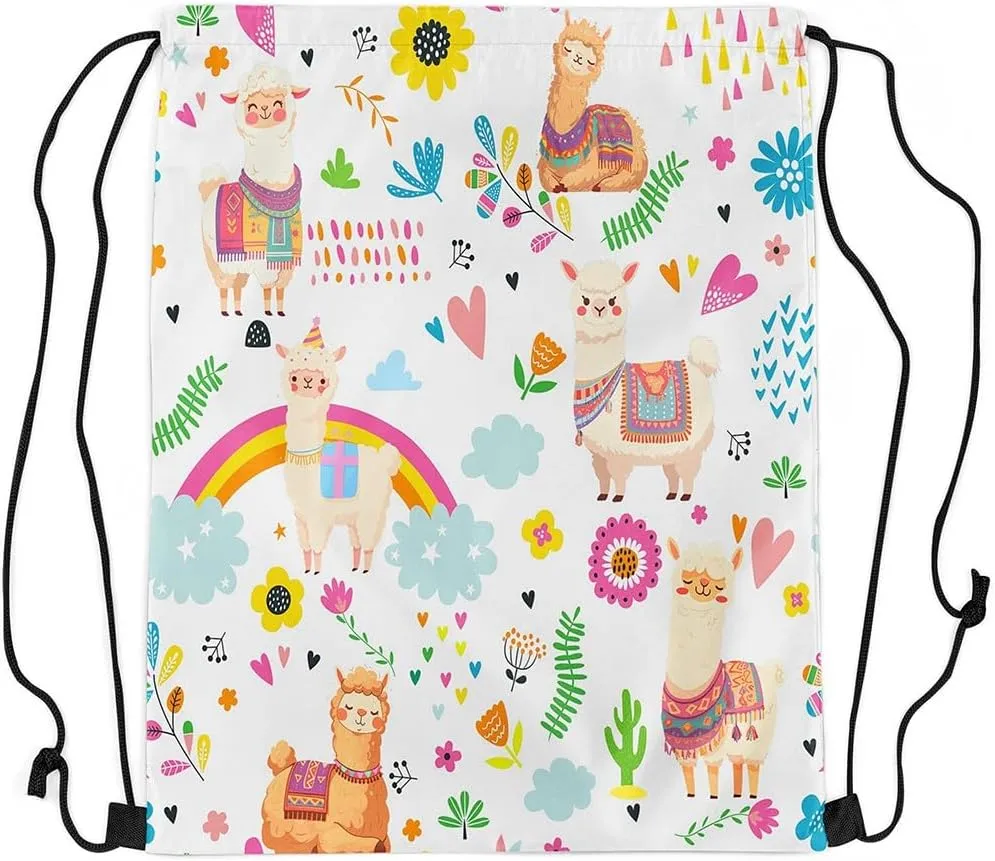 Kawaii Alpaca Drawstring Backpack 13x15.7, Cute Rainbow Alpaca Soft String Bag, Cartoon Flower Animal Sackpack For Sport Gym Traveling, Floral Jungle Animal Cinch Bags