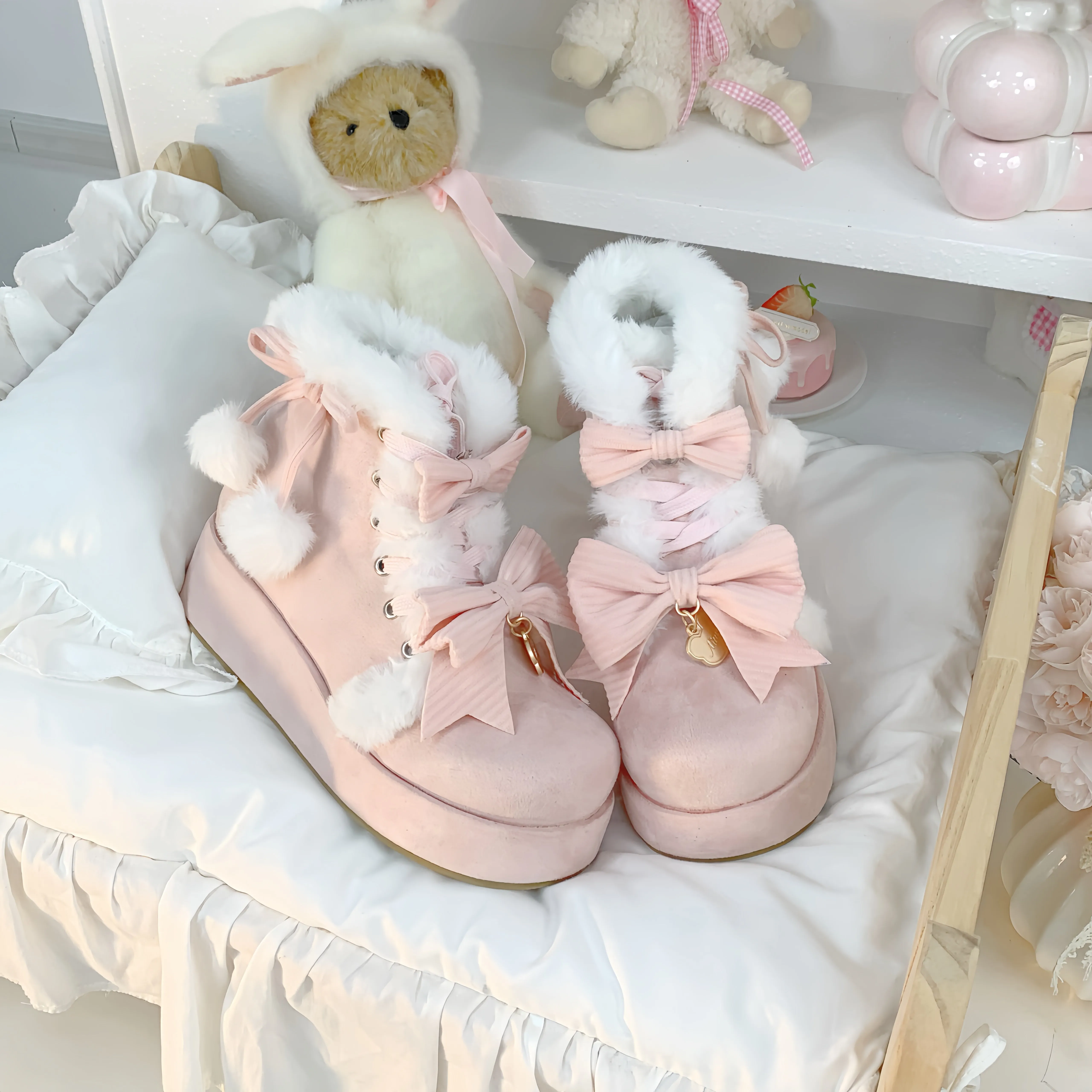 Kawaii Sweet Plush Warm Cute Bowknot Winter Snow Boots BE514