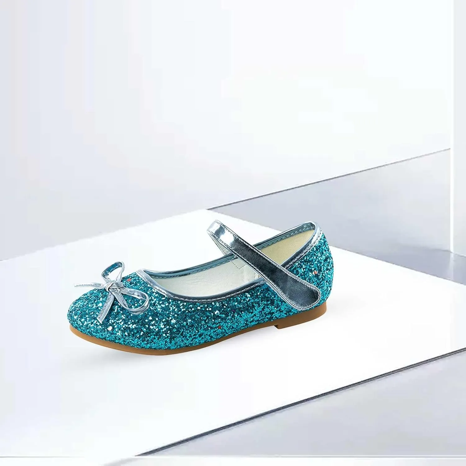 Kids Girls Sole Rubber Sequins Dance Shoes Ankle Low Heel Closed Toe Party Loafers with Strap Fancy Princess Shoes