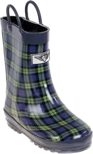 Kid's Rubber Pull Up Plaid Print Rainboots, 2, Navy