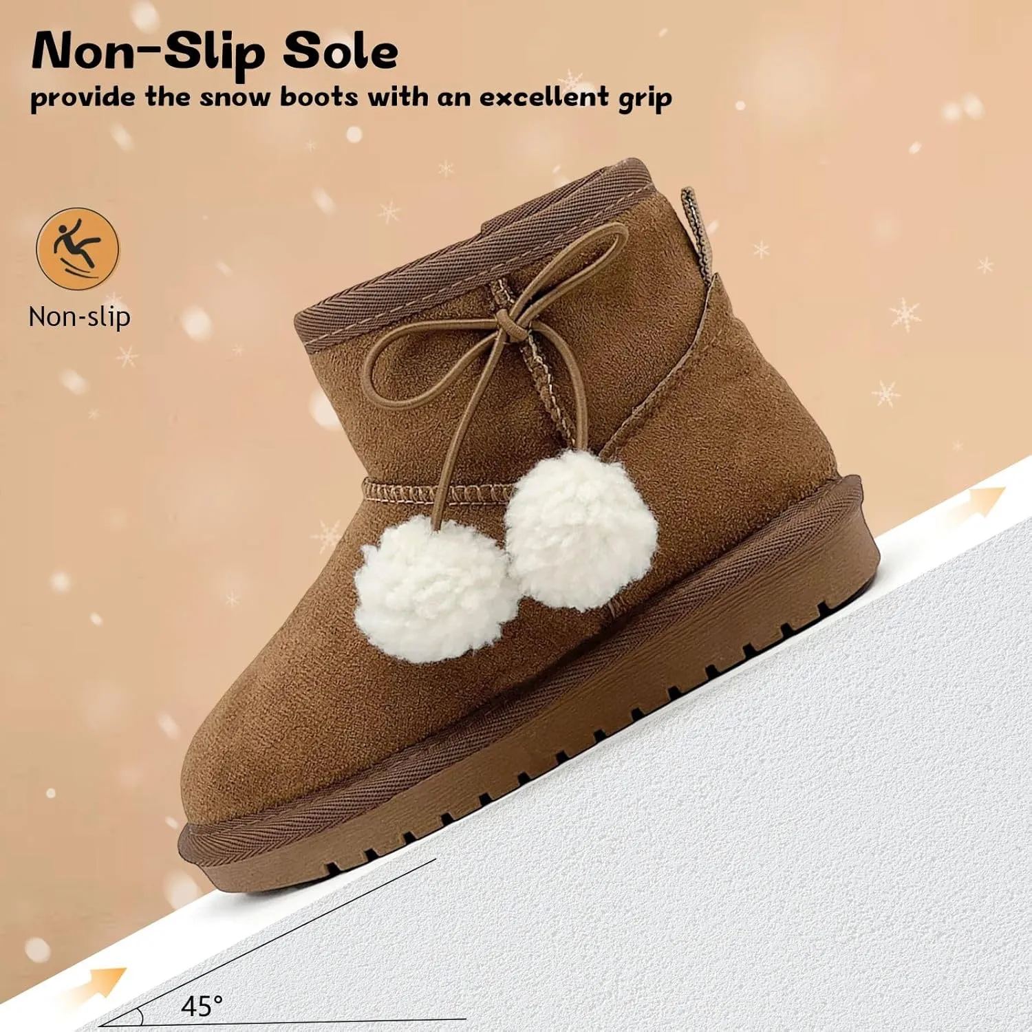 Kids Snow Boots Girls Boys Outdoor Warm Slip On Fur Lining Lightweight Anti-Slip Winter Shoes