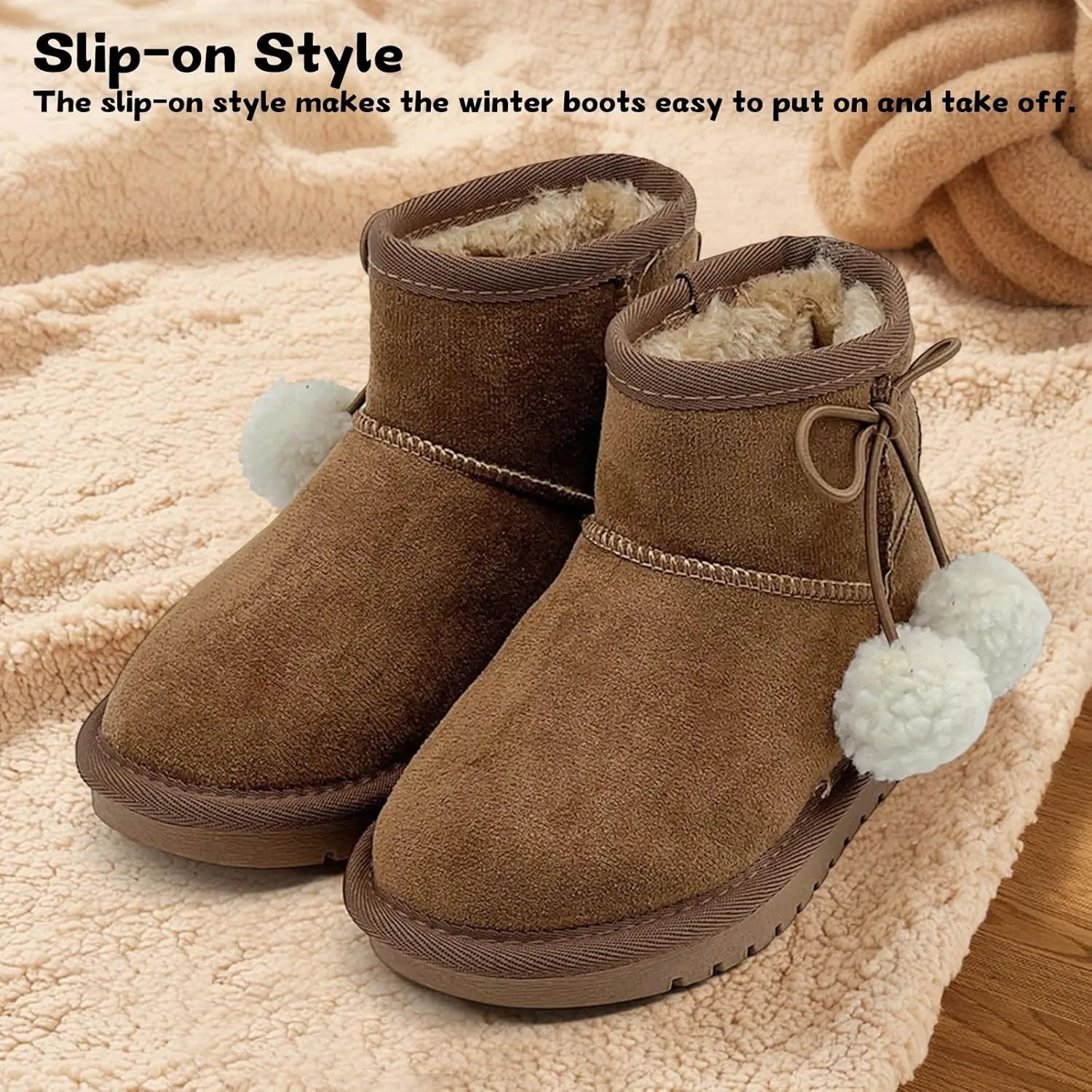Kids Snow Boots Girls Boys Outdoor Warm Slip On Fur Lining Lightweight Anti-Slip Winter Shoes