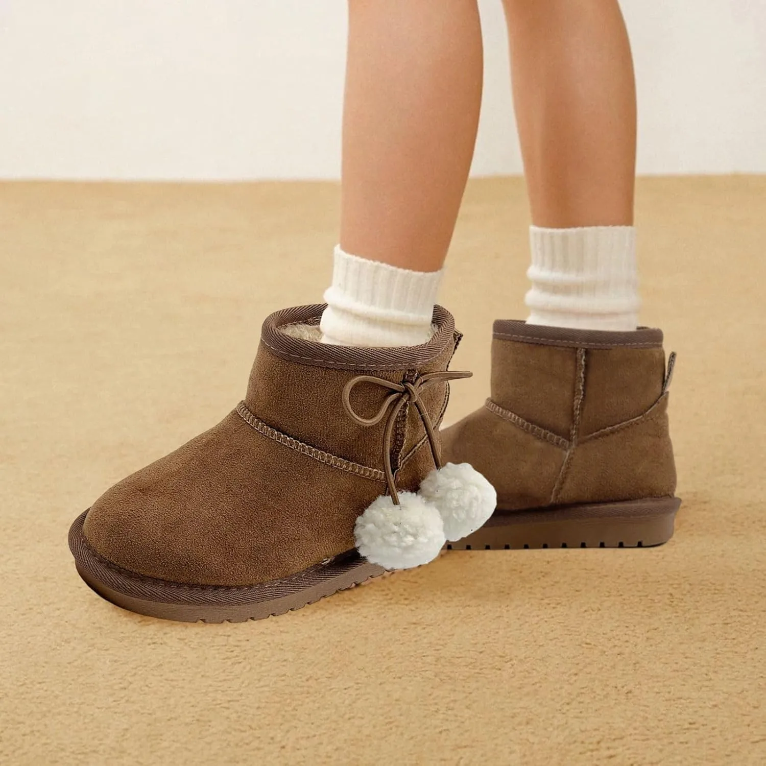 Kids Snow Boots Girls Boys Outdoor Warm Slip On Fur Lining Lightweight Anti-Slip Winter Shoes