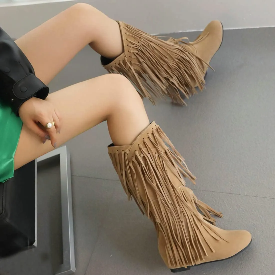 KiutSymo Women's Flat Mid Calf Fringe Boots Wide Calf Tassel Boots Round Toe Slip On Warm Winter Boots