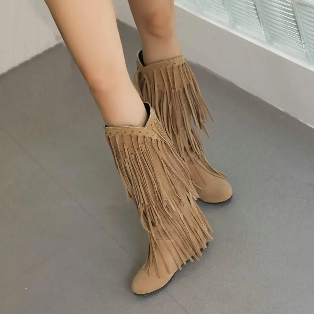 KiutSymo Women's Flat Mid Calf Fringe Boots Wide Calf Tassel Boots Round Toe Slip On Warm Winter Boots