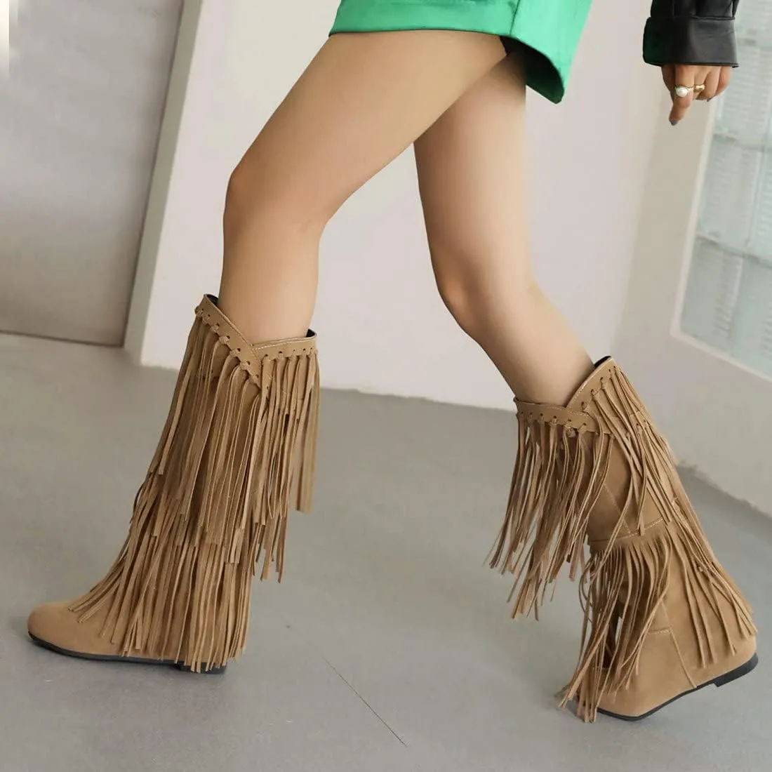 KiutSymo Women's Flat Mid Calf Fringe Boots Wide Calf Tassel Boots Round Toe Slip On Warm Winter Boots