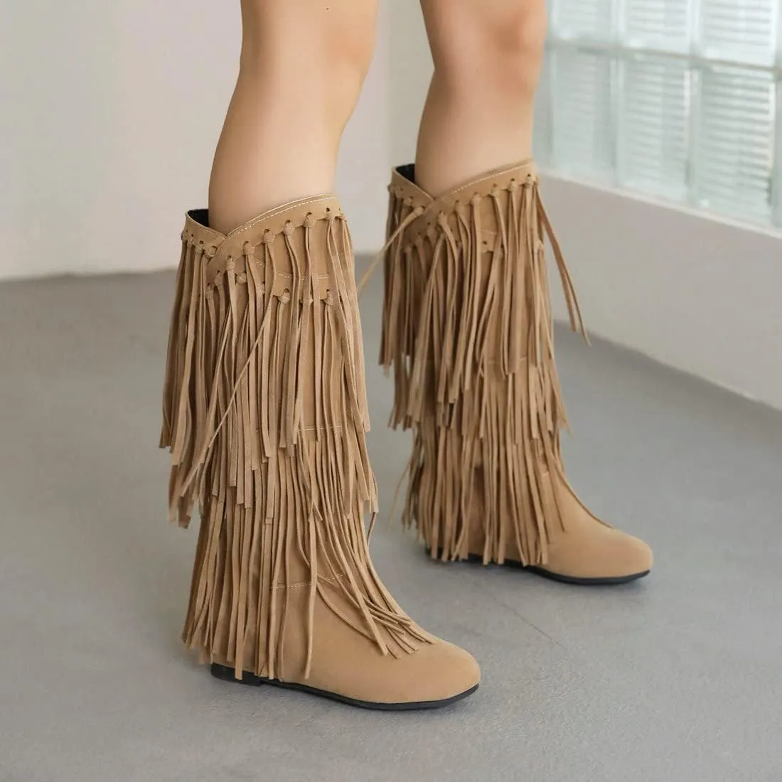 KiutSymo Women's Flat Mid Calf Fringe Boots Wide Calf Tassel Boots Round Toe Slip On Warm Winter Boots