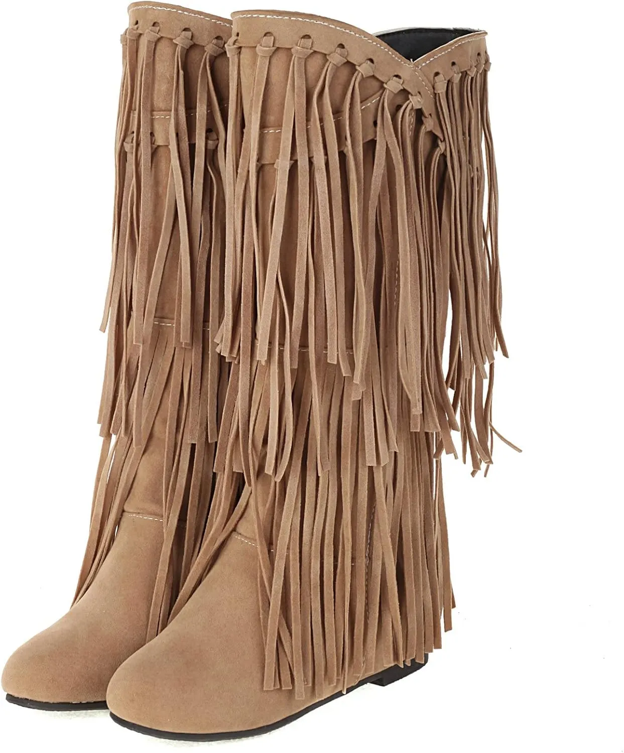 KiutSymo Women's Flat Mid Calf Fringe Boots Wide Calf Tassel Boots Round Toe Slip On Warm Winter Boots
