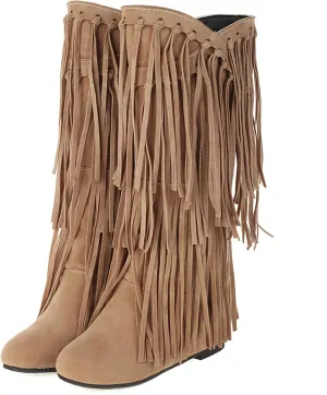 KiutSymo Women's Flat Mid Calf Fringe Boots Wide Calf Tassel Boots Round Toe Slip On Warm Winter Boots