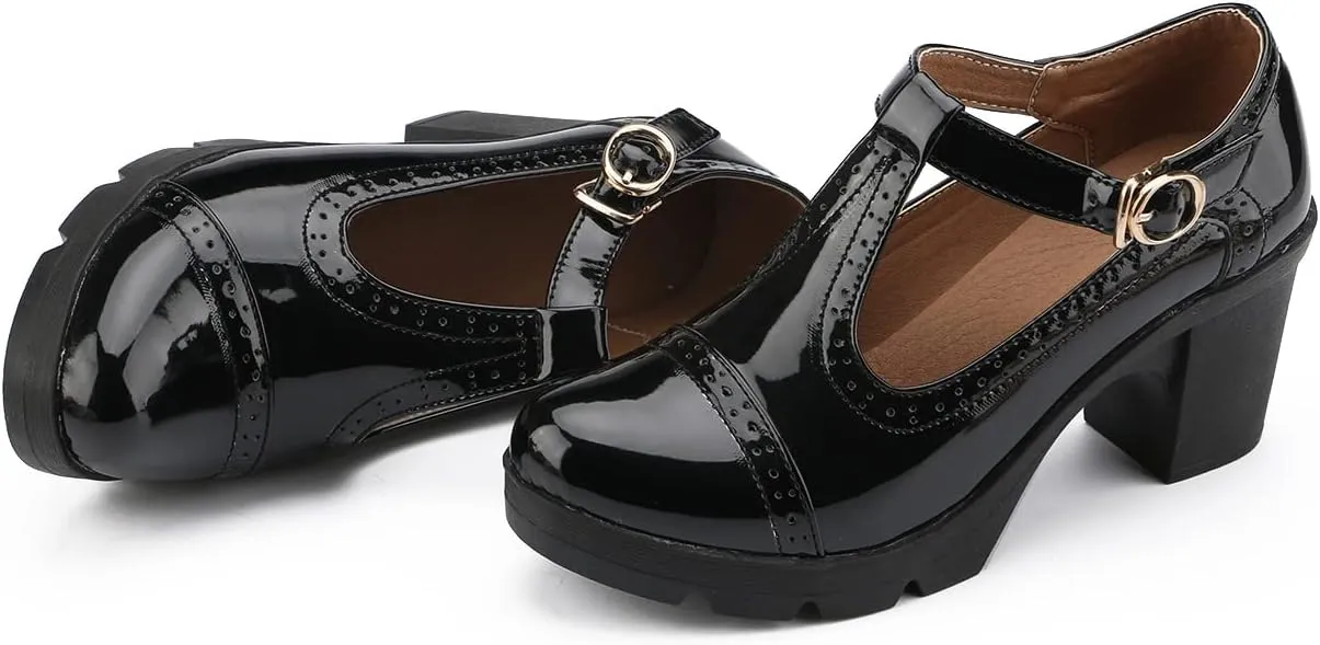 kkdom Women's T-Strap Mary Jane Pumps Oxfords Mid Block Heel Platform Court Dress Shoes