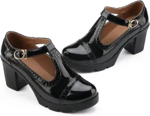 kkdom Women's T-Strap Mary Jane Pumps Oxfords Mid Block Heel Platform Court Dress Shoes