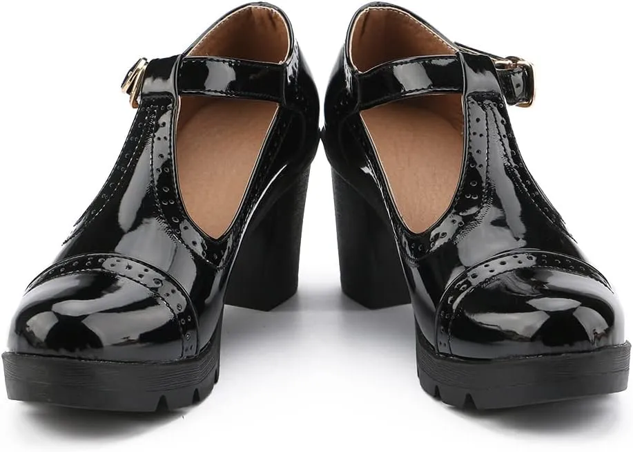kkdom Women's T-Strap Mary Jane Pumps Oxfords Mid Block Heel Platform Court Dress Shoes