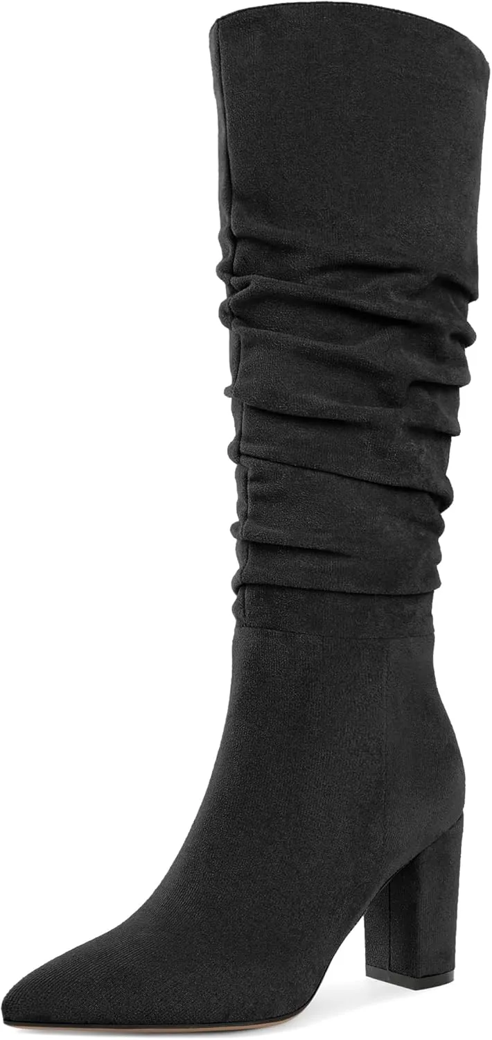 Knee High Boots for Women Chunky Heel Boots Classic Pointed Toe Boots Slouchy Booties for Work Office Comfortable Retro High Heel Boots