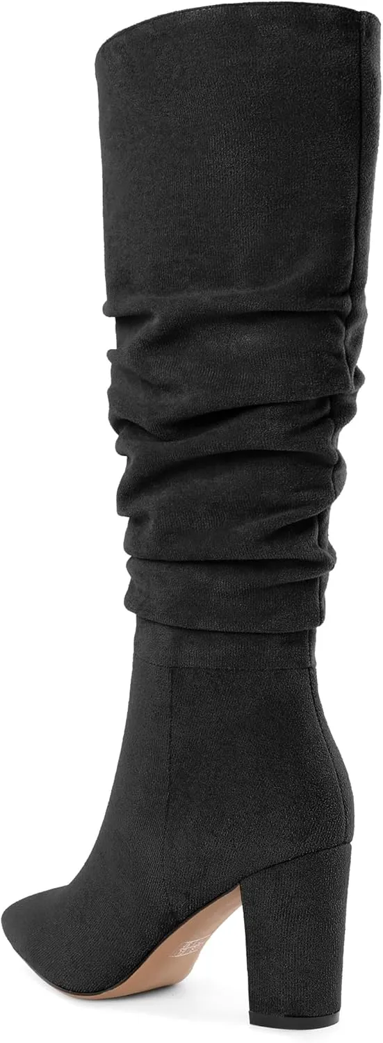 Knee High Boots for Women Chunky Heel Boots Classic Pointed Toe Boots Slouchy Booties for Work Office Comfortable Retro High Heel Boots