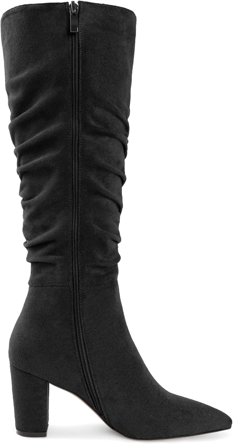 Knee High Boots for Women Chunky Heel Boots Classic Pointed Toe Boots Slouchy Booties for Work Office Comfortable Retro High Heel Boots