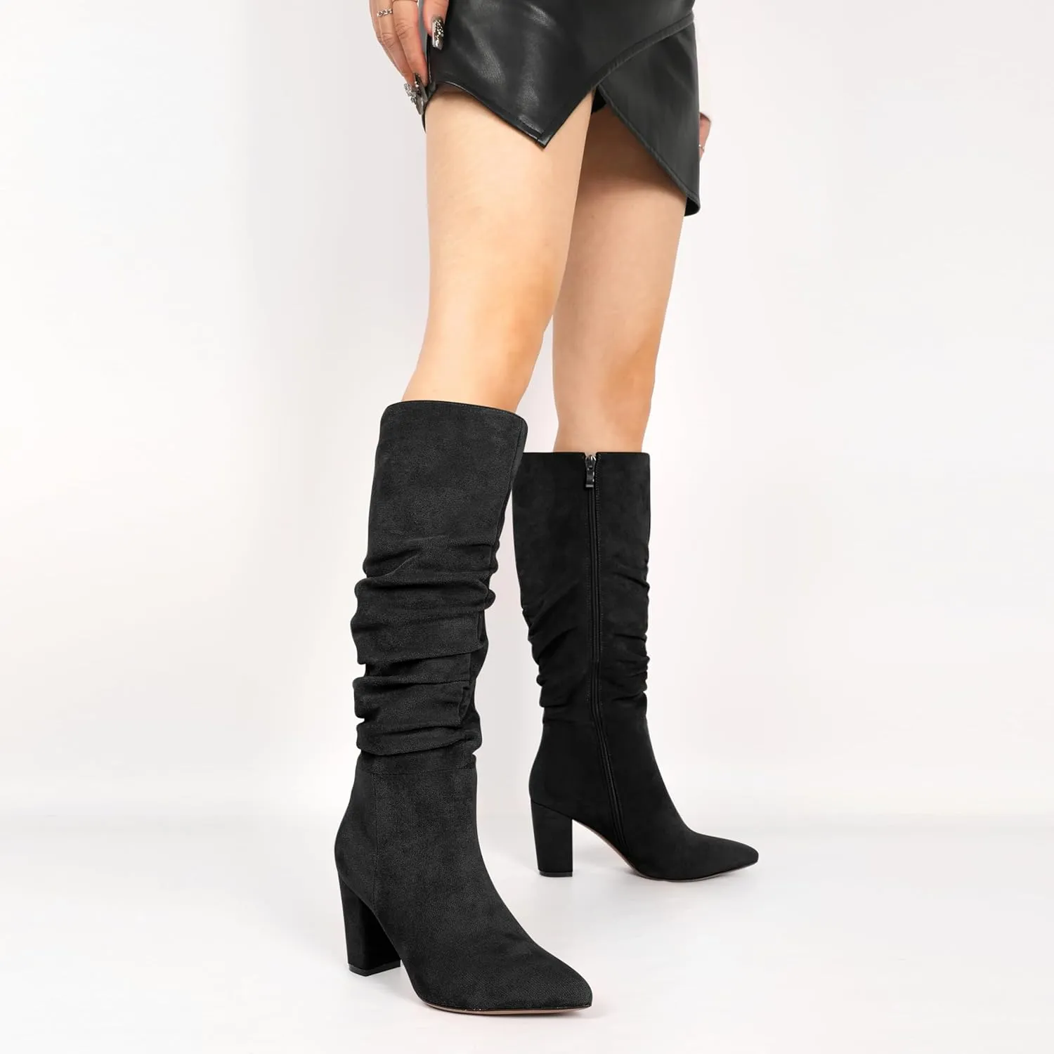 Knee High Boots for Women Chunky Heel Boots Classic Pointed Toe Boots Slouchy Booties for Work Office Comfortable Retro High Heel Boots