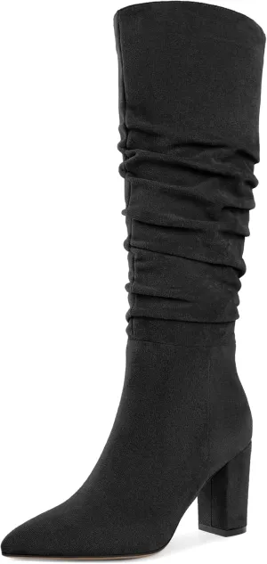 Knee High Boots for Women Chunky Heel Boots Classic Pointed Toe Boots Slouchy Booties for Work Office Comfortable Retro High Heel Boots