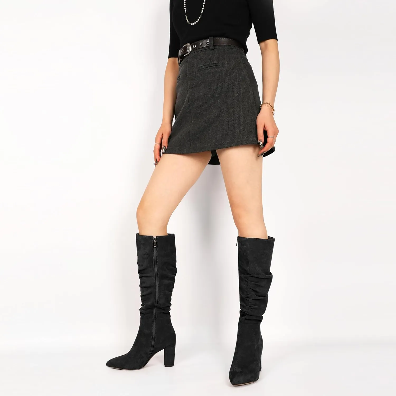 Knee High Boots for Women Chunky Heel Boots Classic Pointed Toe Boots Slouchy Booties for Work Office Comfortable Retro High Heel Boots